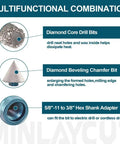 Diagram showing Diamond Core Drill Bits, Diamond Beveling Chamfer Bit, and Hex Shank Adapter in Diamond Core Drill Bits Set 10-Piece Tile Hole Saw Kit with 6mm, 8mm, 10mm, 25mm, 35mm, 50mm, 65mm Holes and 2-Inch Diamond Beveling Chamfer Bits for Porcelain Ceramic Marble Granite