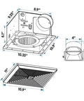Diagram of Ultra Quiet Bathroom Exhaust Fan 90 CFM For 80 To 90 Sq Ft Rooms, 4 Inch Duct Collar, showing dimensions and design.