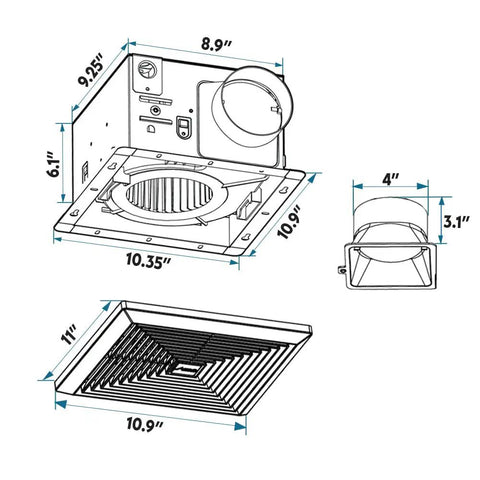 Diagram of Ultra Quiet Bathroom Exhaust Fan 90 CFM For 80 To 90 Sq Ft Rooms, 4 Inch Duct Collar, showing dimensions and design.