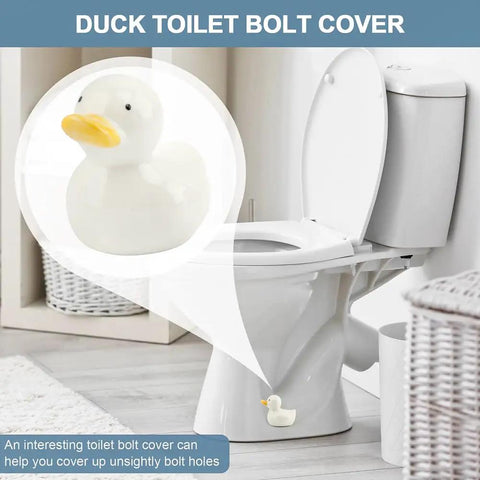 Upgrade Your Lavatory Style With These Dope Duck Toilet Bolt Covers And Slick Ceramic Screw Caps That Hit Different For Instant Bathroom Vibe Quick Install Two Pack For A Crisp Clean Finish. Duck-shaped toilet bolt cover on a white toilet.