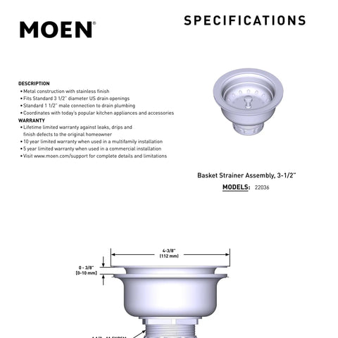 Specifications for Stainless Steel Kitchen Sink Strainer Basket With Drain Assembly Lock Nut Included For No Fuss Setup