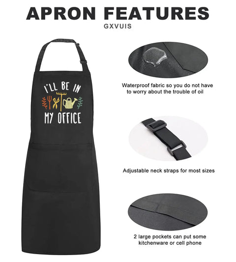 Women Waterproof Adjustable Bib Apron With Two Pockets For Kitchen And Garden Durable Multi Use Apron For Cooking Gardening Barbecuing And More In Black with strap and pocket details.