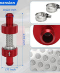 Five Eighth Inch Universal Inline Heater Core Coolant Filter Red dimensions with stainless cartridge and hose clamps