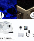 Bluetooth Control 10W RGBW Twinkle Fiber Optic Star Ceiling Light Kit With 200 Fibers shown installed in car and home, and packing contents.