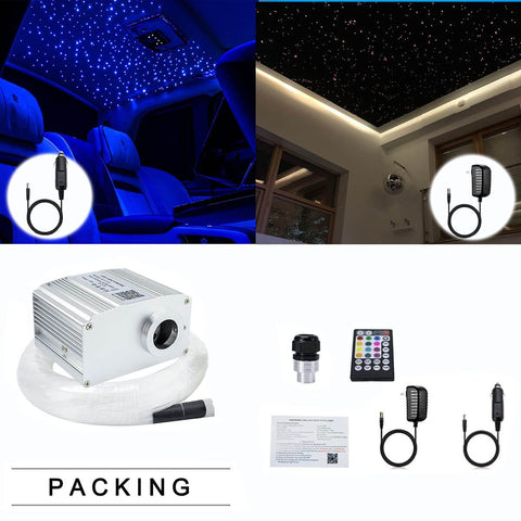 Bluetooth Control 10W RGBW Twinkle Fiber Optic Star Ceiling Light Kit With 200 Fibers shown installed in car and home, and packing contents.