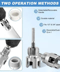 2 In 1 Pipe Threading Tool For Internal And External Threads With Dual End One Half Inch NPT And Three Quarter Inch NPT Dies Works With Power Drills For Fast DIY Plumbing Rethreads No Tool Swapping shown with detachable handle and threading components.