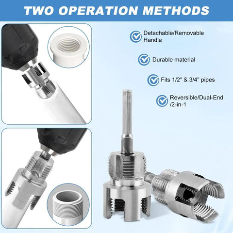 Heavy Duty Hex Shank Pipe Threading Tool For PPR PVC MPP Pipes Dual Internal External Thread Cutter with detachable handle and dual operation.