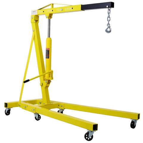 Heavy Duty 2 Ton Folding Engine Hoist Cherry Picker Shop Crane with six rotating casters, featuring hydraulic lift and sturdy steel frame.