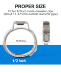 Close-up of 1/2 inch 100 Pack Half Inch PEX Cinch Clamp Rings Heavy Duty 304 Stainless Steel PEX Crimp Rings with size details.