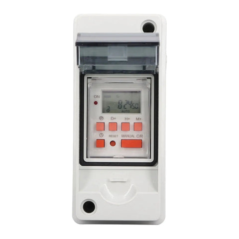 Heavy Duty Programmable Timer Switch For Pool Pump And Heater Brings Crisp LCD Display With Rock Solid Battery Backup, front view.