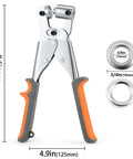 One Hand Operation Grommet Kit 3/8 Inch Heavy Duty Handheld Manual Press With Hole Punch And 500 Eyelets, tool dimensions shown.