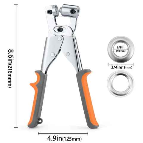 One Hand Operation Grommet Kit 3/8 Inch Heavy Duty Handheld Manual Press With Hole Punch And 500 Eyelets, tool dimensions shown.