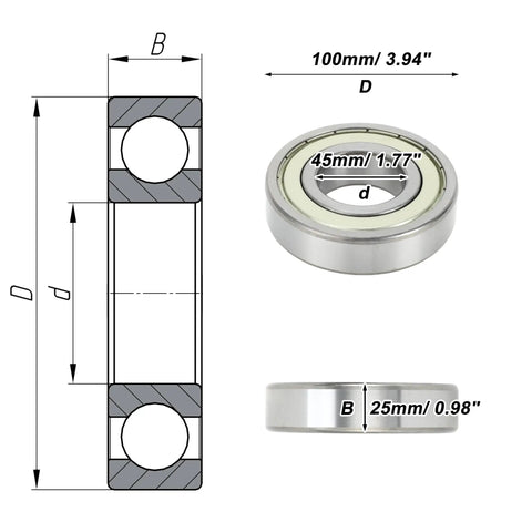 Diagram and dimensions of 6309ZZ Deep Groove Ball Bearing P0 45x100x25mm Pre Lubricated With Double Metal Seal for various applications