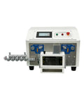 Qiokoith Fully Automatic Wire Stripping Machine Auto Cuts And Strips Electronic Power Cord Cable with control panel and feed mechanism.
