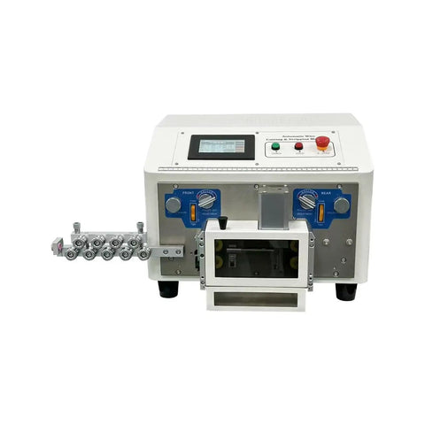 Qiokoith Fully Automatic Wire Stripping Machine Auto Cuts And Strips Electronic Power Cord Cable with control panel and feed mechanism.