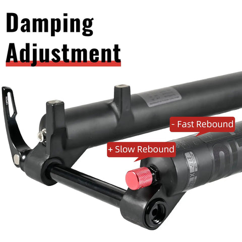 Close-up of Dual Crown MTB Air Fork showing rebound adjustment knob and damping system, part of 27.5 29 inch downhill build.