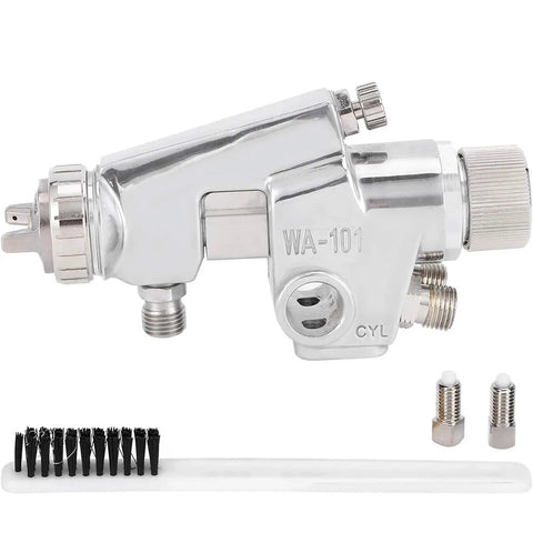Pro High Vol Low Pressure Paint Sprayer Gun With Industrial Atomization, chrome sprayer body with nozzle, cleaning brush included.