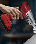 Heavy Hitter Brushless Cordless Metal Shear fits Milwaukee 18V Battery, cutting through sheet metal with precision.