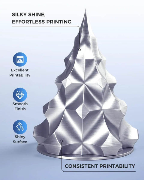 Silk PLA Filament 1.75mm Silver 1.1Kg Spool With Metal Like Shine and Smooth Silk Finish model showcasing shiny surface.