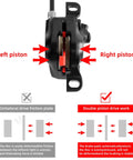 Diagram showing MT200 Hydraulic Disc Brake Set dual-piston calipers with labeled piston details and friction plate comparison