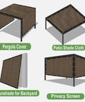 Illustrations of 90 Percent UV Blocking Sun Shade Cloth 12x24 Feet for pergola, patio cover, backyard sunshade, and privacy screen.