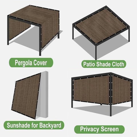 Illustrations of 90 Percent UV Blocking Sun Shade Cloth 12x24 Feet for pergola, patio cover, backyard sunshade, and privacy screen.