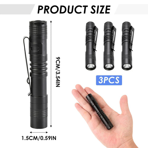 Ultra Bright 500 Lumen Pocket Pen Light With Clip, AAA Powered Mini Flashlight For Quick Inspections, Repairs, Outdoor And Emergency Use, 3 Pack Black 3.5 Inch shown in hand for size reference