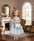 Doll with blue dress holding a purse from Three Pack Mini Handbag Set For Dollhouse Decor And DIY Jewelry Charms, miniature room setup