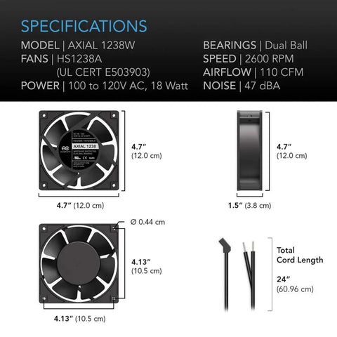Beefy Muffin Fan 120V AC High Speed 120mm By 38mm dimensions and specifications overview, 110 CFM airflow, dual-bearing design.