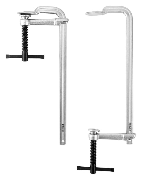 Heavy Duty 8 Inch F Clamp Four Pack With Drop Forged Bar Jaws Two And A Quarter Inch Throat Depth Corrosion Resistant Nickel Chrome Finish Rail Spindle And Handle Built For Pros, 8-inch clamp set