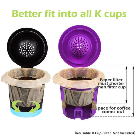 Disposable Coffee Filters For Keurig Pods Replacement Keurig Compatible 300 Count Natural Eco Friendly Paper Filters For Single Serve Coffee Makers Easy Brew Mess Free shown fitting in reusable purple and black K-cups.