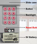 Close-up of a Keyless Wireless Garage Door Keypad For 310 315 390 MHz Openers Learn Button Compatible with labeled parts