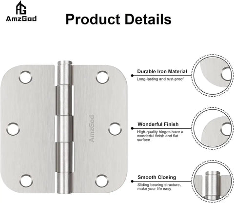 Pro Grade Interior Door Hinges 36 Pack Satin Nickel 3.5 Inch Set 5/8 Radius showing durable flat surface and smooth closing mechanism.