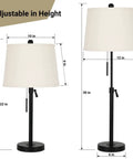 Bedside Table Lamps Set Of 2, Tall Black Nightstand Lamps, Height Adjustable 22-30 Inches, 3-Way Dimmable With Pull Chain