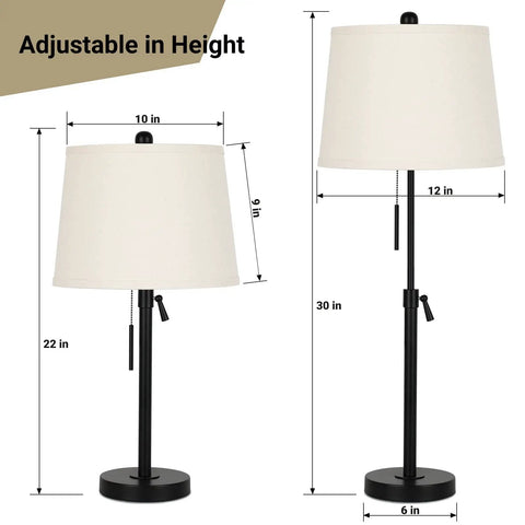 Bedside Table Lamps Set Of 2, Tall Black Nightstand Lamps, Height Adjustable 22-30 Inches, 3-Way Dimmable With Pull Chain