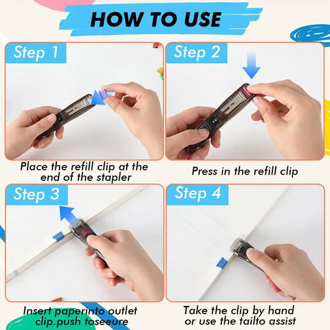How to use Portable Binder Clip Stapler Set With Reusable Clip Dispenser And 100 Metal Refills Mini Push Stapler with instructions