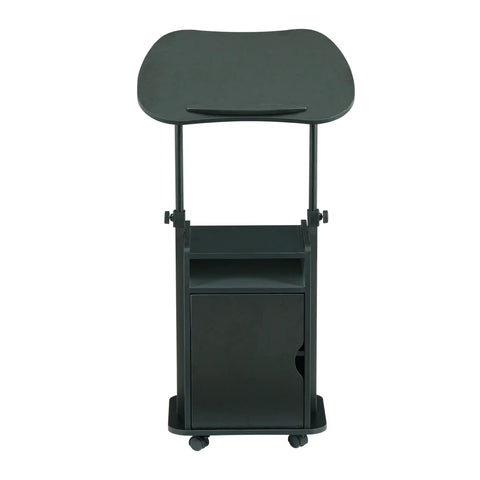 Front view of black Adjustable Laptop Cart With Storage Rolling Mobile Workstation Desk With Cabinet Shelf And Locking Wheels For Home Office Or Classroom Sit To Stand Setup Ergonomic Height Adjustable.