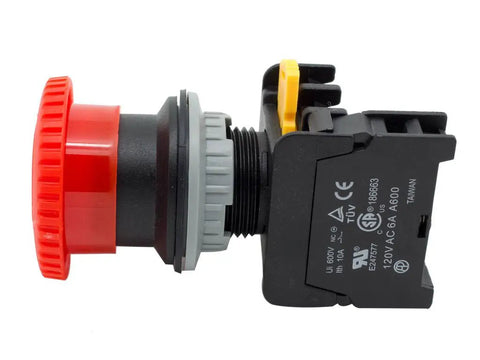 Side view of Red 30mm 1NC Emergency Stop Push Button Switch Estop Mushroom Button For Industrial Panels, showing modular wiring and labels
