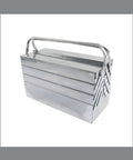 No Fuss Folding Stainless Steel Gear Case With Easy Grip Carry Handle showing four tier design and shiny surface for organization.