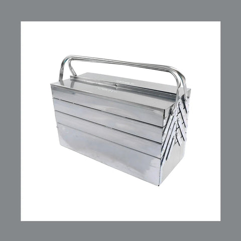 No Fuss Folding Stainless Steel Gear Case With Easy Grip Carry Handle showing four tier design and shiny surface for organization.