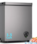 Solid 3.5 Cu Ft Chest Freezer With Easy Dial And Slide Basket Energy Efficient Top Load Deep Freeze In Gray side view with control.