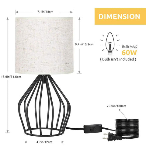Black Modern Table Lamp With Linen Fabric Shade And Hollowed Base, dimensions, USB cable, maximum bulb 60W, for bedroom or living room
