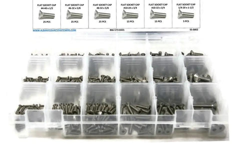 Open plastic case displaying Stainless Steel Flat Head Socket Cap Screws Assortment Kit In Inch Sizes Four Through One Quarter And Twenty Threads Per Inch With Durable Plastic Case And Interchangeable Tray 381 Pieces For DIY Projects.