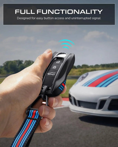 Premium Slick Porsche Key Fob Cover Hard Shell Case For 911 992 Cayenne Panamera Taycan Macan in hand with car and landscape