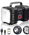 Ultra Bright Rechargeable LED Spotlight Flashlight With 1200 Lumens, 800 Meter Range, showing USB ports and LED components
