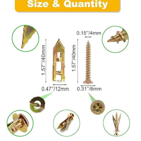 Heavy Duty Self Drilling Drywall Anchors Kit With Screws No Pre Drilling Easy Install For DIY Home Wall Mounts Zinc Plated Steel 80 120 160 200 Pack Great For Quick Hangups And Renovations. Gold drywall anchor and screw size chart, 40mm long, 4mm wide