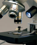 Close-up of microscope stage and objective lens of 40X-1000X Cordless LED Compound Microscope With 3MP USB Camera, Metal Frame