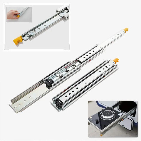 Heavy Duty Triple Panel Soft Close Drawer Slides With Push To Open Design For Bedroom Cabinets, 76 mm wide rail shown.