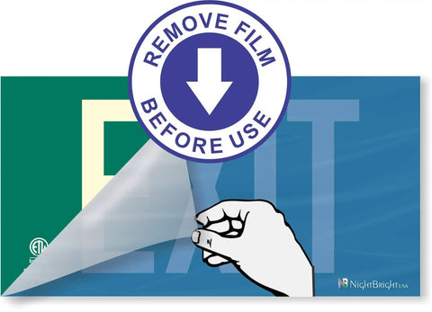 Photoluminescent Exit Sign Green Aluminum Frameless 50 Foot Glow No Expiration Date UL 924 peel-off protective film