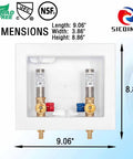 Washer Outlet Box With Water Hammer Arrestor And Valves For Quiet Laundry showing dimensions and connections
